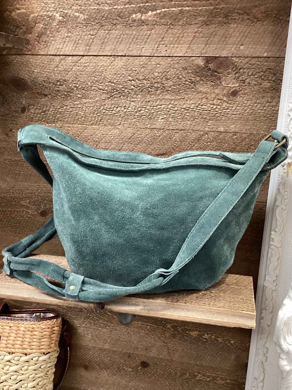 Teal Green Suede Leather Crossbody Shoulder Bag Boho Slouchy Hobo